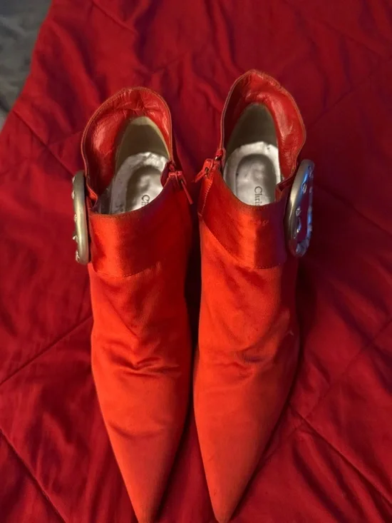 Red Satin Pointed Toe Heeled Mules with Decorative Buckle - Picture 5 of 6